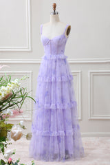 Lavender A Line Corset Spaghetti Straps Floral Tiered Maxi Dress