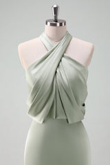 Dusty Sage Halter Sheath Satin Maxi Dress
