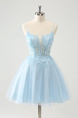 Cute Blue Floral A Line Tulle Beaded Corset Mini Dress with Appliques