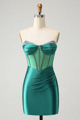 Glitter Dark Green Strapless Corset Tight Mini Dress with Beading