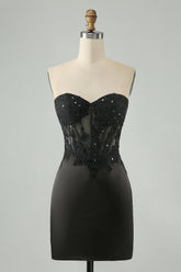 Sparkly Black Bodycon Sweetheart Corset Mini Dress with Appliques