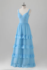 Blue Chiffon Tiered Ruffles Backless Bridesmaid Dress