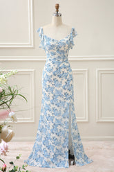 Sheath White Blue Flower Mermaid Maxi Dress with Slit