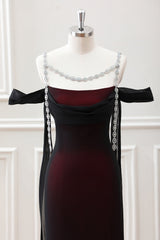 Black Red Sheath Cowl Neck Maxi Dress with Rhinestones
