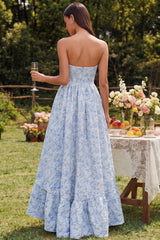 Blue Floral Strapless A-Line High Low Bridesmaid Dress