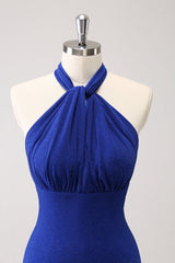 Glitter Blue Halter Mermaid Long Bridesmaid Dress