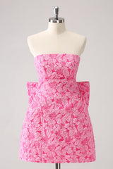 Fuchsia A Line Floral Strapless Mini Dress With Bow
