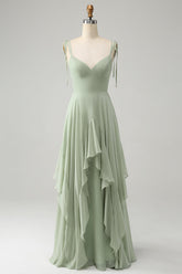Matcha A-Line Spaghetti Straps Chiffon Maxi Dress with Ruffles