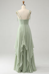 Matcha A-Line Spaghetti Straps Chiffon Maxi Dress with Ruffles