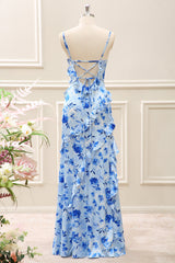 Blue Sheath Floral Ruffled Maxi Dress with Slit