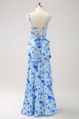 Blue Sheath Floral Ruffles Maxi Dress with Slit