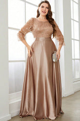 Plus Size Champagne Sequins Round Neck Maxi Dress with Sleeves