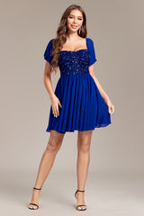 Sparkly Royal Blue A Line Off the Shoulder Sequins Pleated Mini Dress