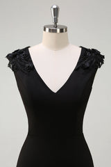 Black V Neck A Line Tea-Length Dress with Appliques