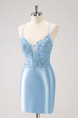 Glitter Blue Appliques Corset Satin Tight Mini Dress with Lace up Back