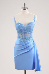 Blue Spaghetti Straps Corset Floral Tight Mini Dress