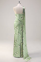 One Shoulder Sage Floral Sheath Ruched Maxi Dress with Streamer