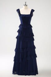 Dark Navy A Line Tiered Chiffon Maxi Bridesmaid Dress