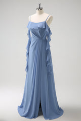 Grey Blue A Line Spaghetti Straps Chiffon Long Bridesmaid Dress with Slit