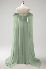Light Green Cold Shoulder Detachable Sleeves A Line Chiffon Maxi Bridesmaid Dress