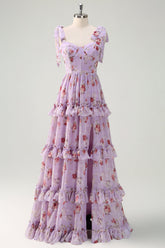 Grey Purple A Line Tiered Corset Slit Floral Maxi Dress with Lace-up Back