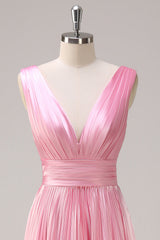Pink A Line Pleated V Neck Bridesmaid Dress
