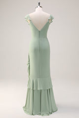 Dusty Sage V Neck Ruffled Sheath Bridesmaid Dress