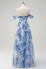 White Blue Flower Corset Off the Shoulder Maxi Dress