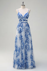 Pleated A Line White Blue Flower Spaghetti Straps Maxi Dress