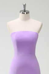 Bow Strapless A Line Purple Bridesmaid Dress with Slit