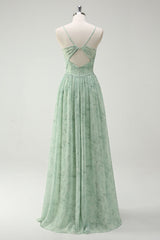 Floral Dusty Sage A Line Cut Out Bridesmaid Dress with Slit