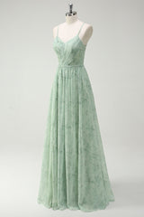 Floral Dusty Sage A Line Cut Out Bridesmaid Dress with Slit