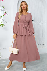 Dusty Rose A Line Tiered Chiffon Tea Length Dress with Long Sleeves