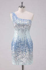 Sparkly Light Blue One Shoulder Sequins Bodycon Mini Dress
