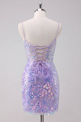 Sparkly Purple Bodycon Spaghetti Straps Sequins Mini Dress