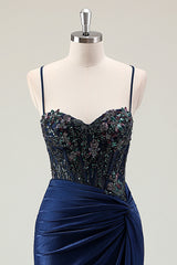 Dark Navy Ruched Mermaid Sequined Prom Dress with Slit