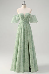 Dusty Sage Pleated A Line Off The Shoulder Prom Dress with Slit