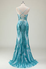 Sparkly Blue Hollow Out Mermaid Prom Dress with Slit