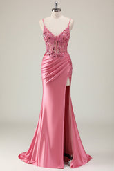 Coral Corset Sequin Mermaid Prom Dress with Slit