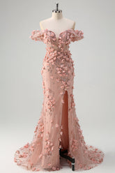 Blush Sequin Corset Off the Shoulder Mermaid Prom Dress with 3D Flowers and Slit
