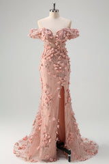 Blush Sequin Corset Off the Shoulder Mermaid Prom Dress with 3D Flowers and Slit