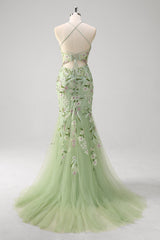 Green Corset Floral Sequined Mermaid Tulle Prom Dress with Slit