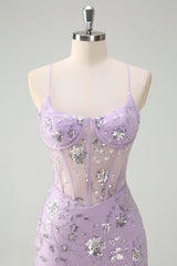 Sparkly Lilac Corset Mermaid Slit Prom Dress with Lace-up Back