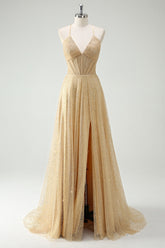 Glitter A Line Corset Gold Prom Dress with Slit