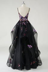 Black Sequined Corset Spaghetti Straps A Line Tulle Prom Dress