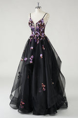 Black Sequined Corset Spaghetti Straps A Line Tulle Prom Dress