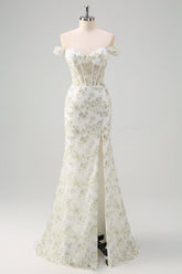 Light Green Floral Embroidery Corset Off the Shoulder Mermaid Prom Dress with Slit