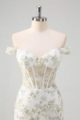 Light Green Floral Embroidery Corset Off the Shoulder Mermaid Prom Dress with Slit