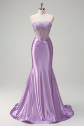 Beaded Lilac Corset Strapless Mermaid Satin Prom Dress