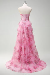 Blush Floral A Line Strapless Corset Tiered Prom Dress